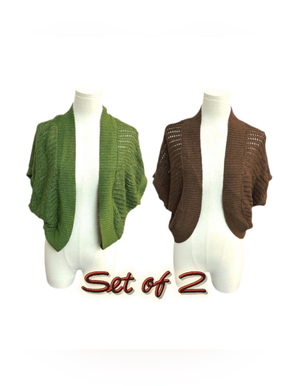 Y2K Set of 2 Boho Open Front Knit Shrug Cardigans Green & Brown women’s sz XL